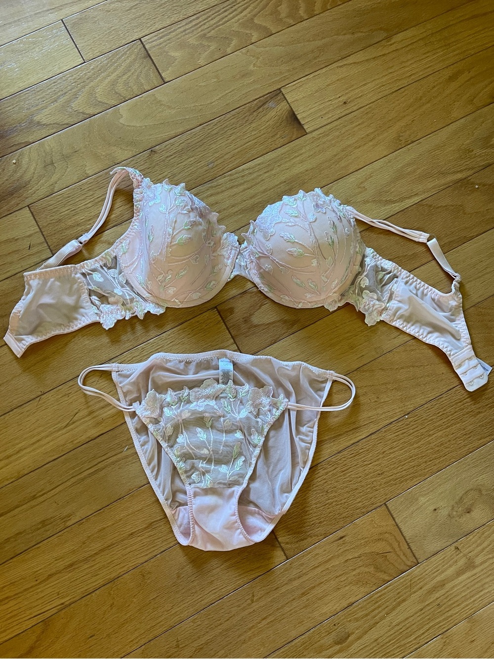delicates Pale Pink Lace Embroidered Bra & Bikini Set